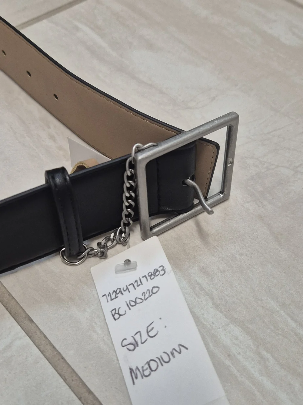 BCBG Black Leather Belt with Silver Buckle and Chain Detail